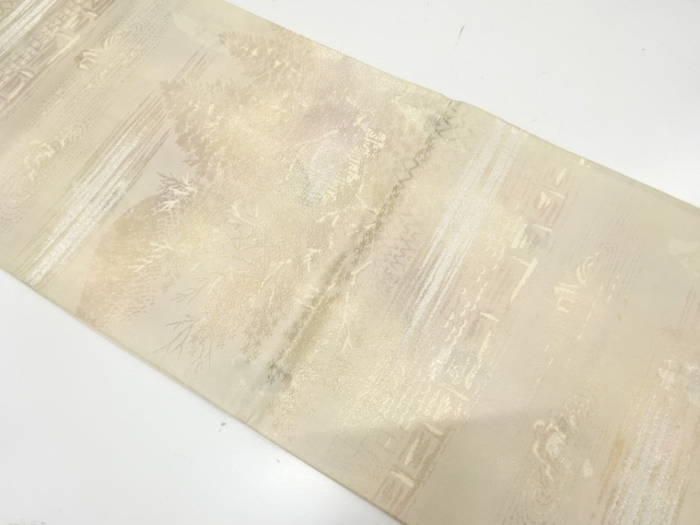 JAPANESE KIMONO / ANTIQUE FUKURO OBI / SILK / WOVEN SCENERY OF MANSION